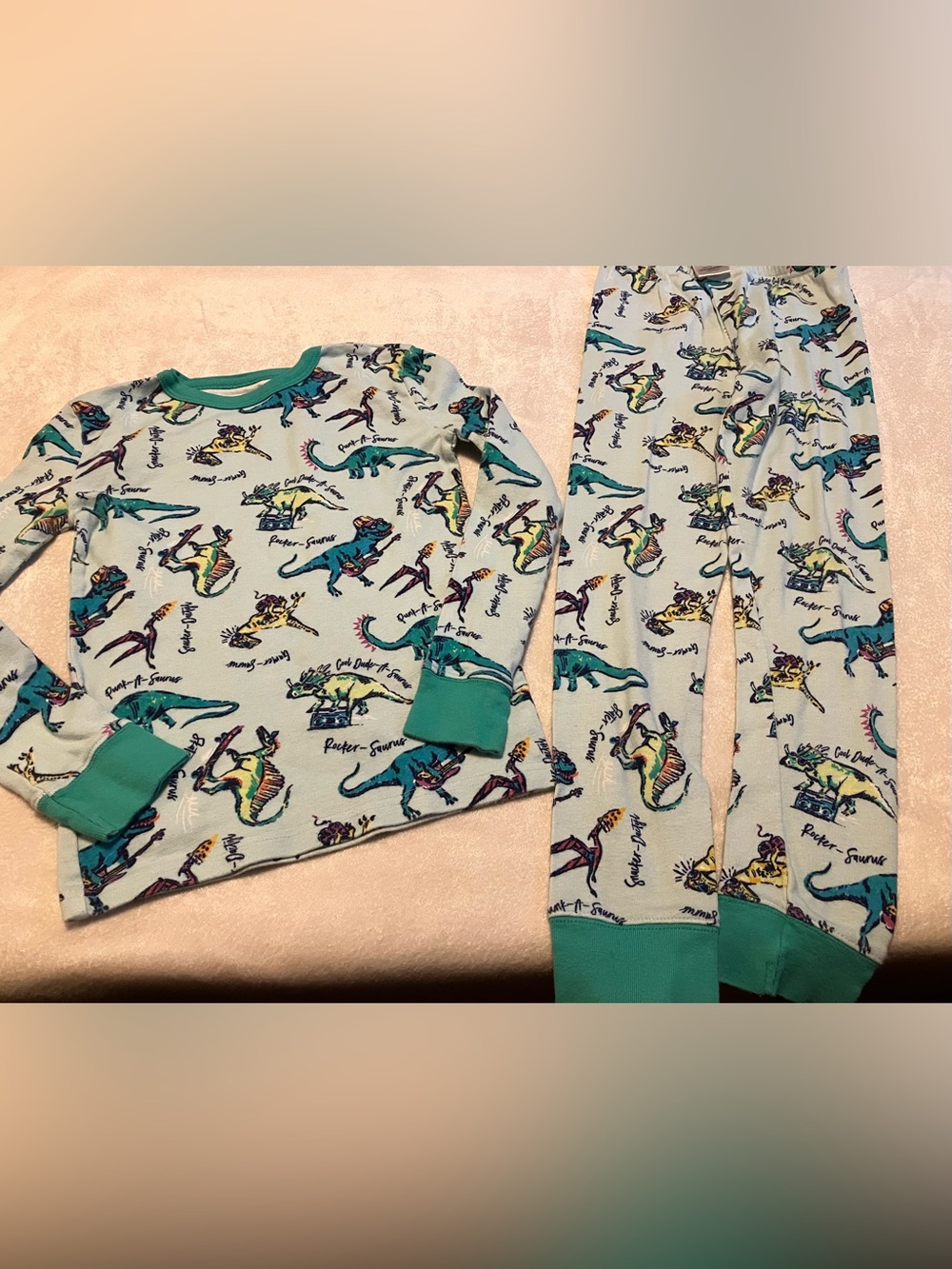 Kids Dinosaur Print Pajama Set - Teal Trim